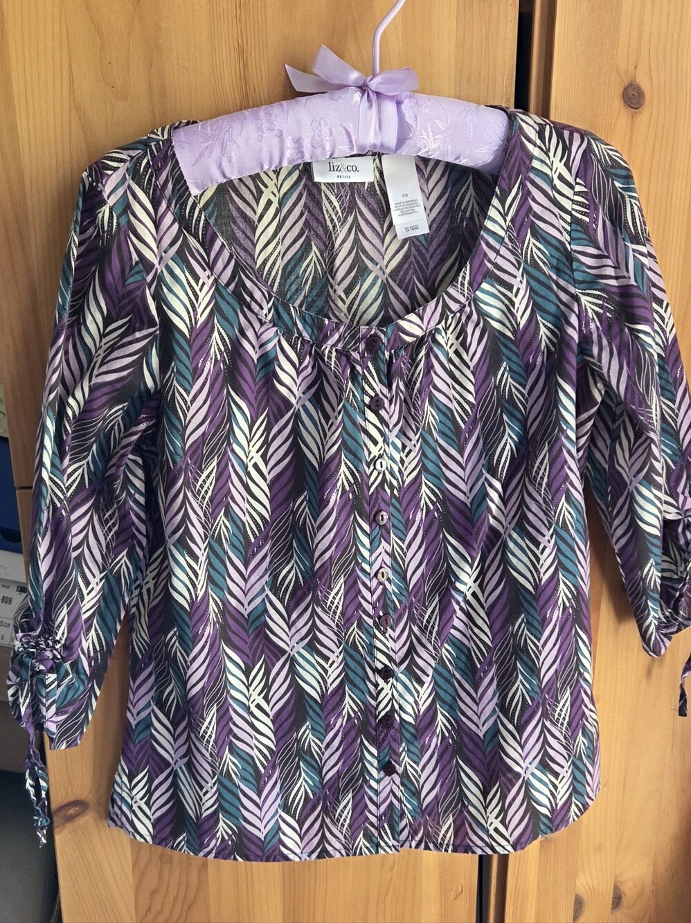 Liz & Co Purple & Teal Cotton Floral Scoop Neck Blouse Size SP